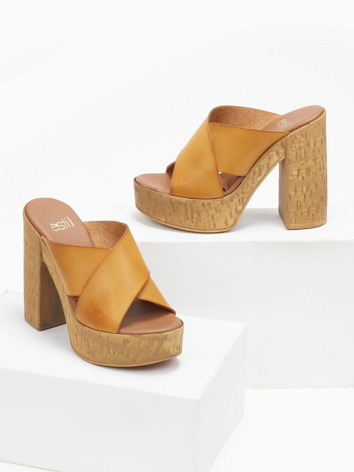 Mules crossover δερμάτινα με φελλό - Κάμελ - thefashionproject.gr - Estil