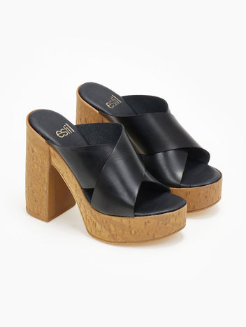 Mules crossover δερμάτινα με φελλό - Μαύρο - thefashionproject.gr - Estil