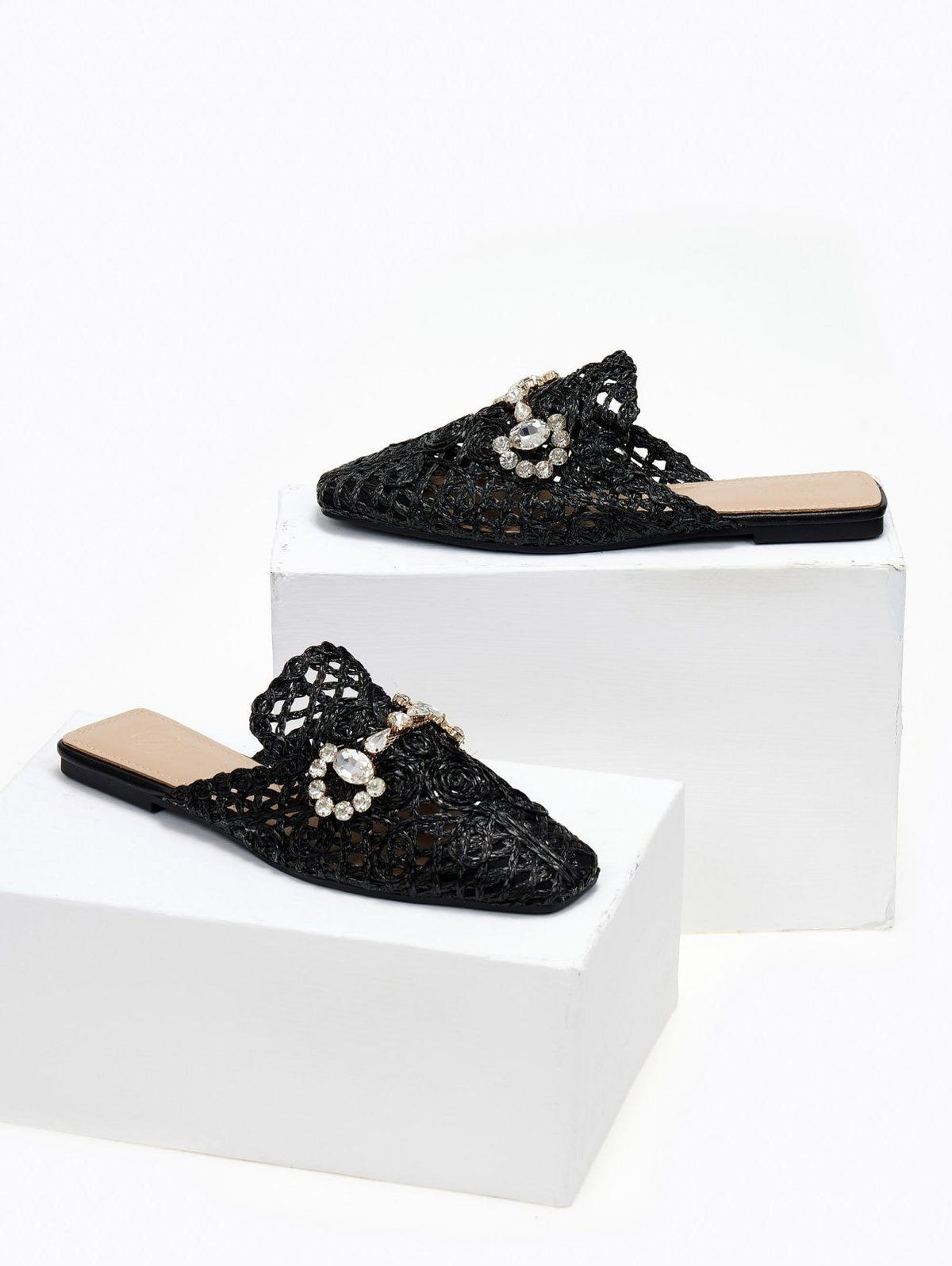 Mules κλειστά από ψάθα - Μαύρο - thefashionproject.gr - ERYNN