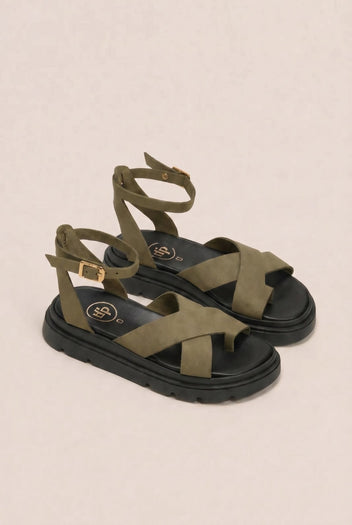 TFP - Nubuck Leather Ankle Strap Sandals - Khaki