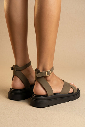 TFP - Nubuck Leather Ankle Strap Sandals - Khaki