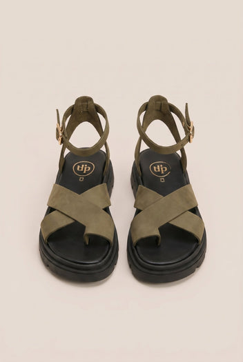 TFP - Nubuck Leather Ankle Strap Sandals - Khaki