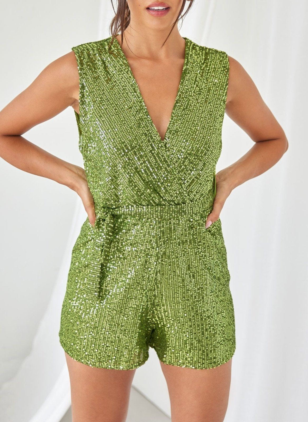Ολόσωμο σορτς με παγιέτες - Πράσινο - thefashionproject.gr - The Fashion Project