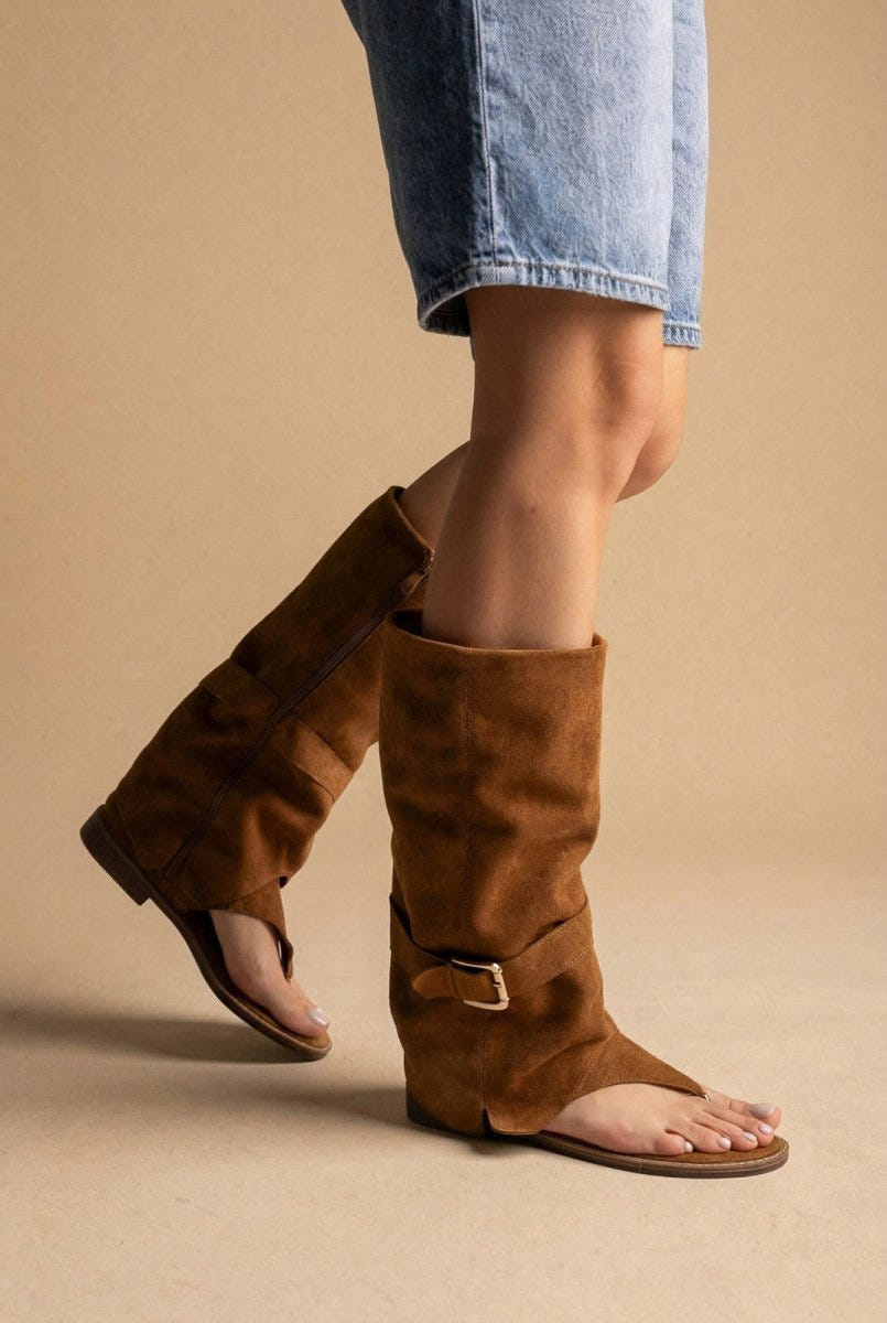 Ideal shoes - Open Toe Mid Calf Boots - Tan Suede