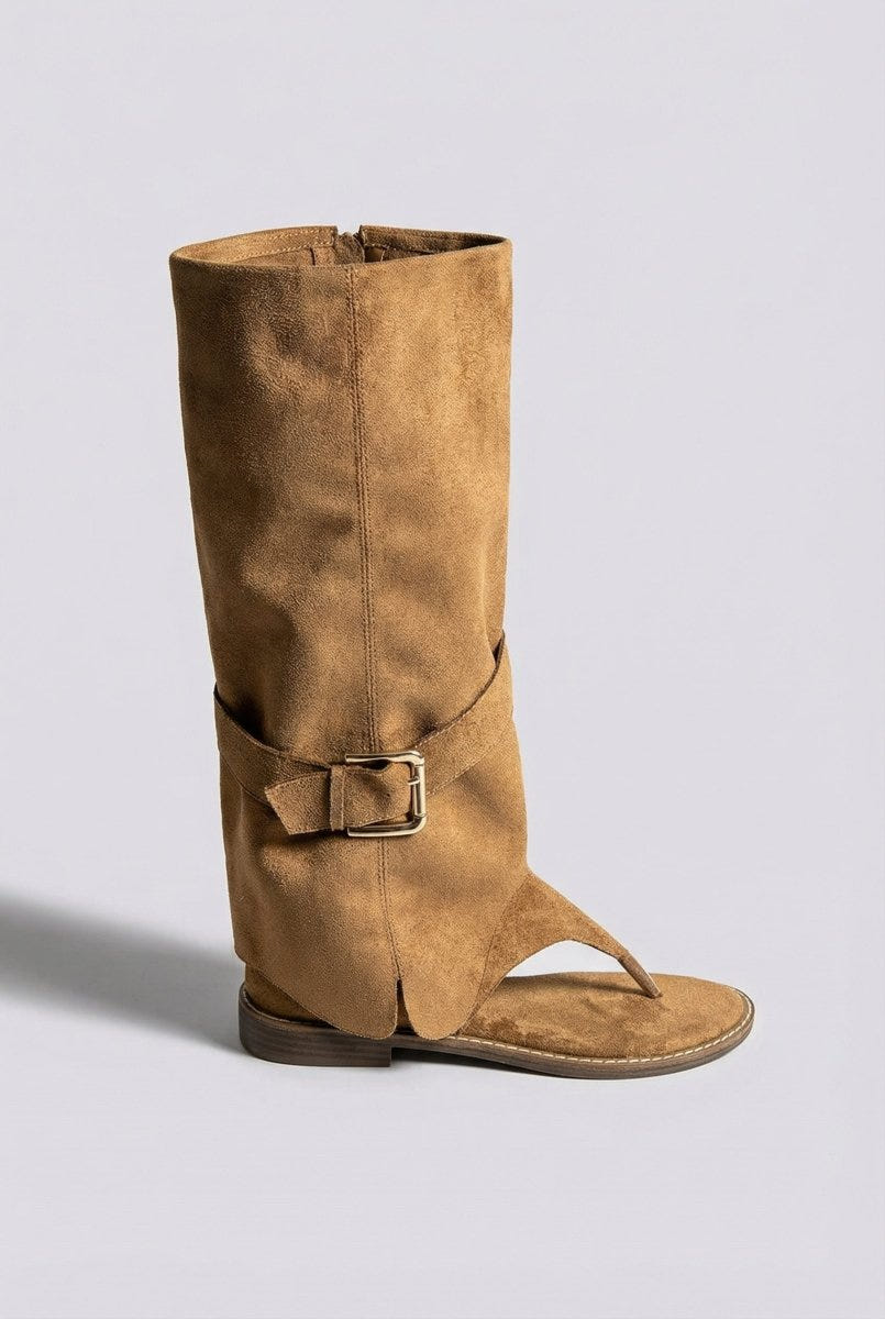 Ideal shoes - Open Toe Mid Calf Boots - Tan Suede