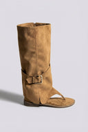 Ideal shoes - Open Toe Mid Calf Boots - Tan Suede