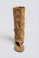 Ideal shoes - Open Toe Mid Calf Boots - Tan Suede