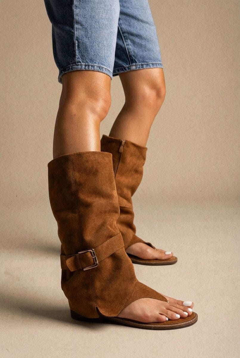 Ideal shoes - Open Toe Mid Calf Boots - Tan Suede