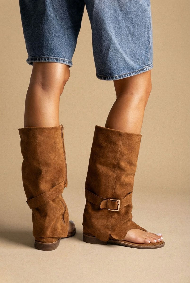 Ideal shoes - Open Toe Mid Calf Boots - Tan Suede