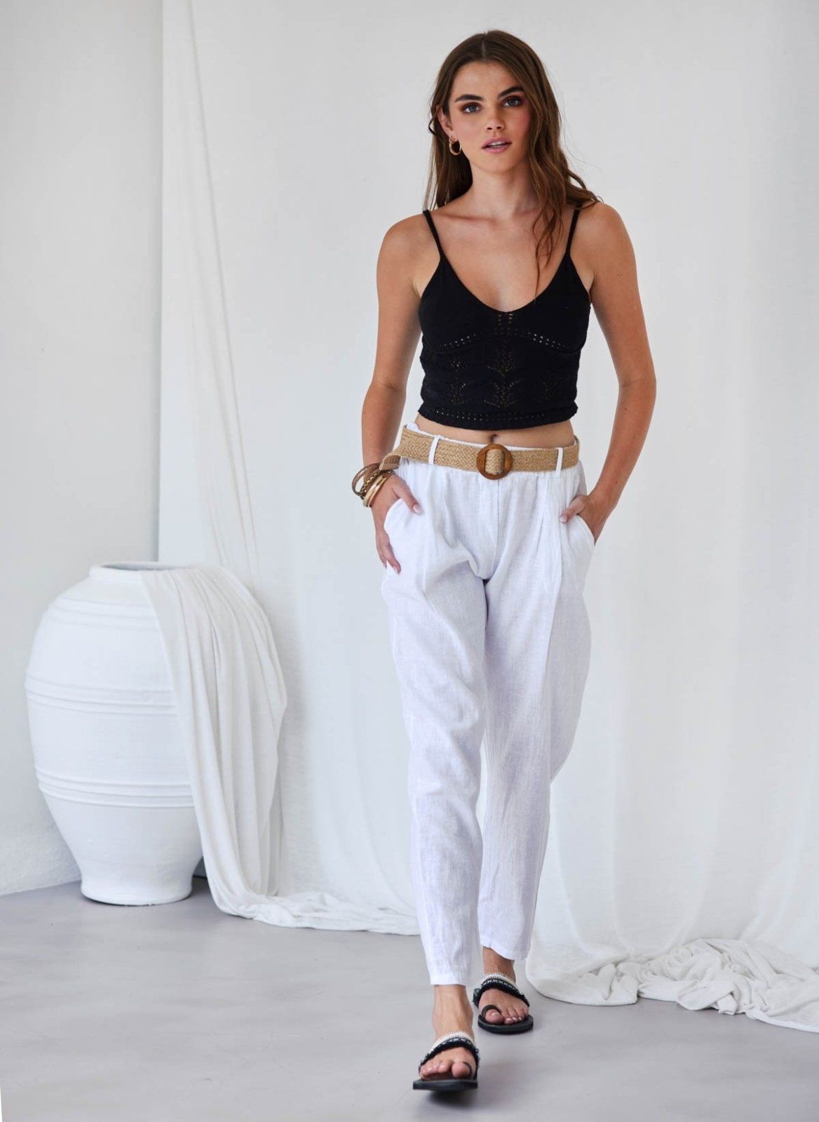 Παντελόνι με λινό με ζώνη - Λευκό - thefashionproject.gr - The Fashion Project