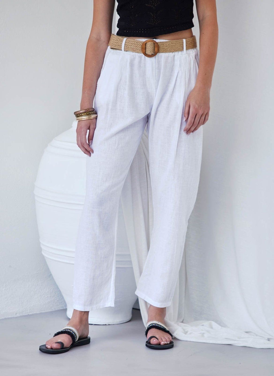 Παντελόνι με λινό με ζώνη - Λευκό - thefashionproject.gr - The Fashion Project