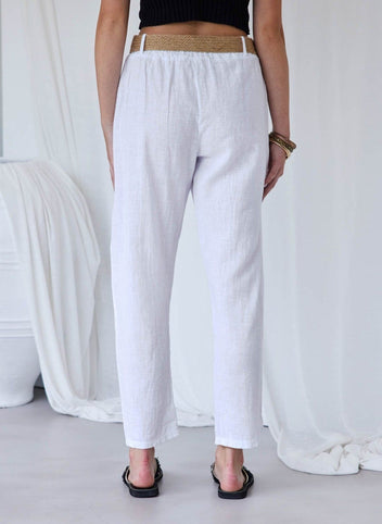 Παντελόνι με λινό με ζώνη - Λευκό - thefashionproject.gr - The Fashion Project