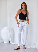 Παντελόνι με λινό με ζώνη - Λευκό - thefashionproject.gr - The Fashion Project