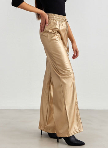Παντελόνι ψηλόμεσο δερματίνη BISOU - Χρυσό - thefashionproject.gr - BISOU