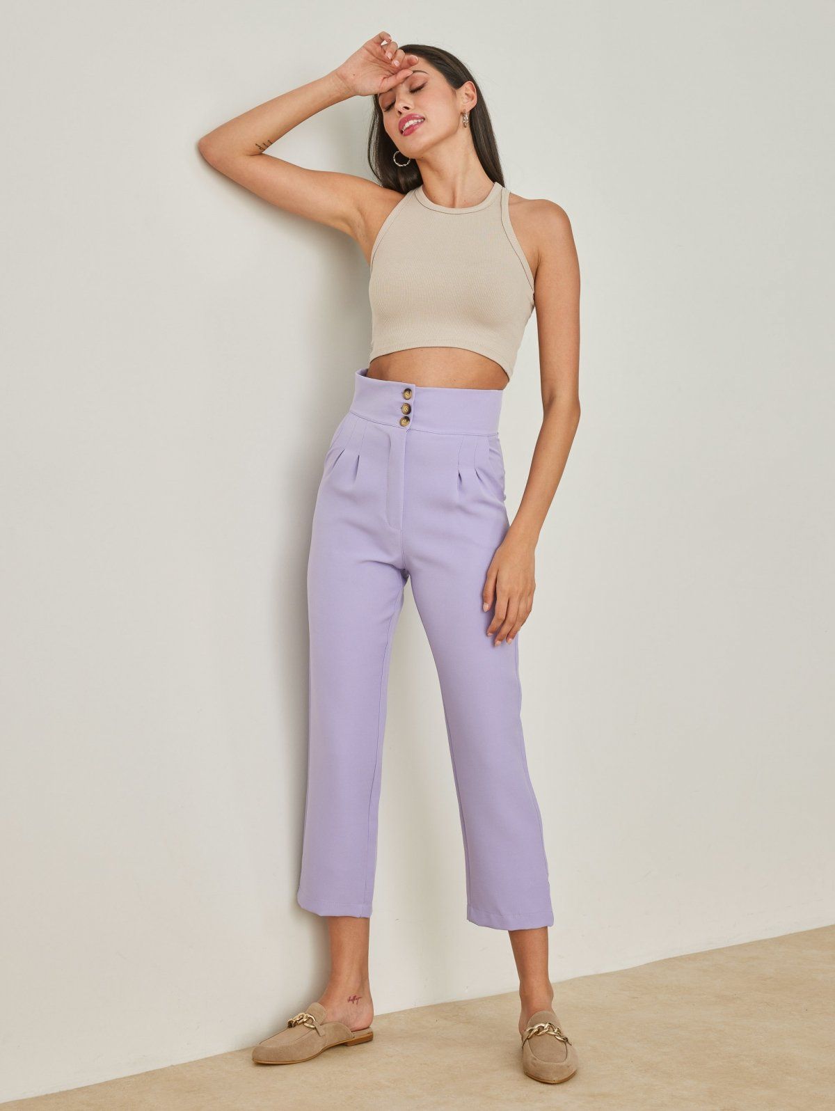 Παντελόνι ψηλόμεσο με τρία κουμπιά - Λιλά - thefashionproject.gr - The Fashion Project
