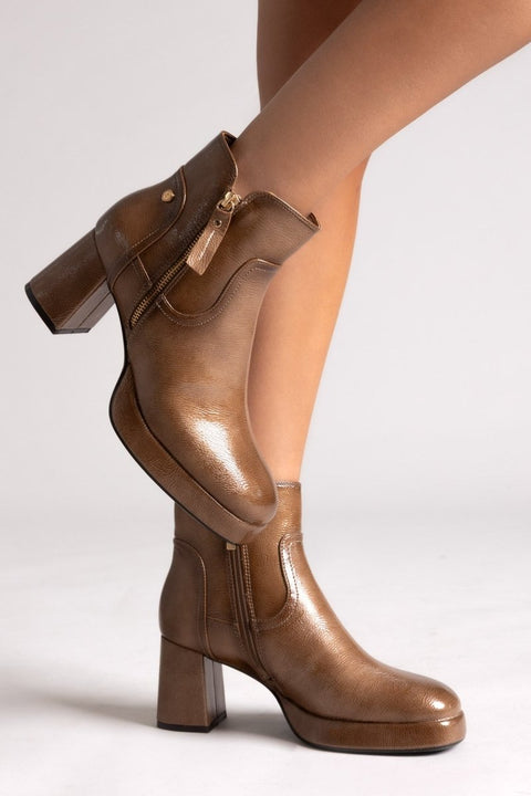 Patent Ankle Boots with Block Heel - Light Brown Patent