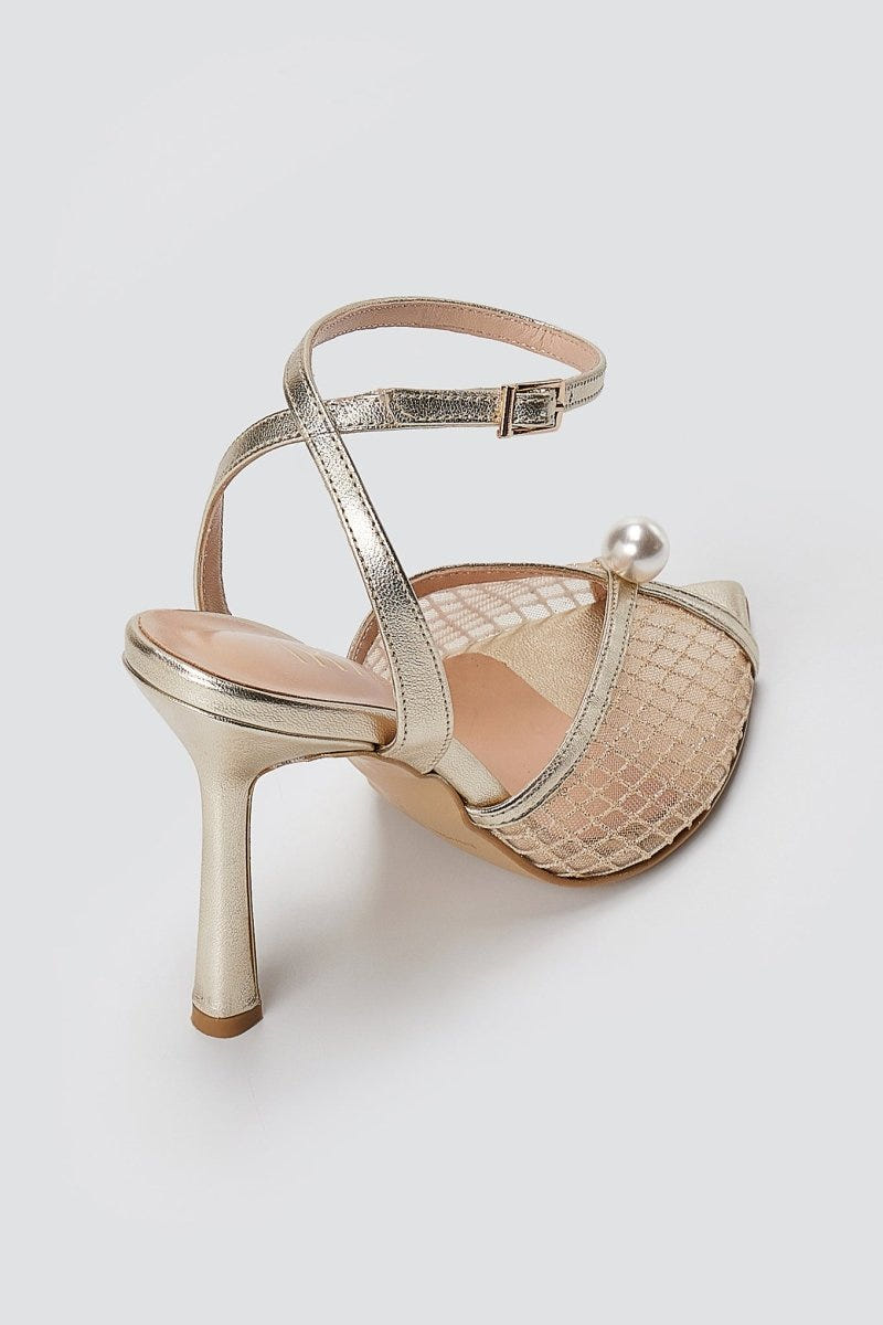 IRIS - Pearl Detail Sandals Slim Heel - Gold