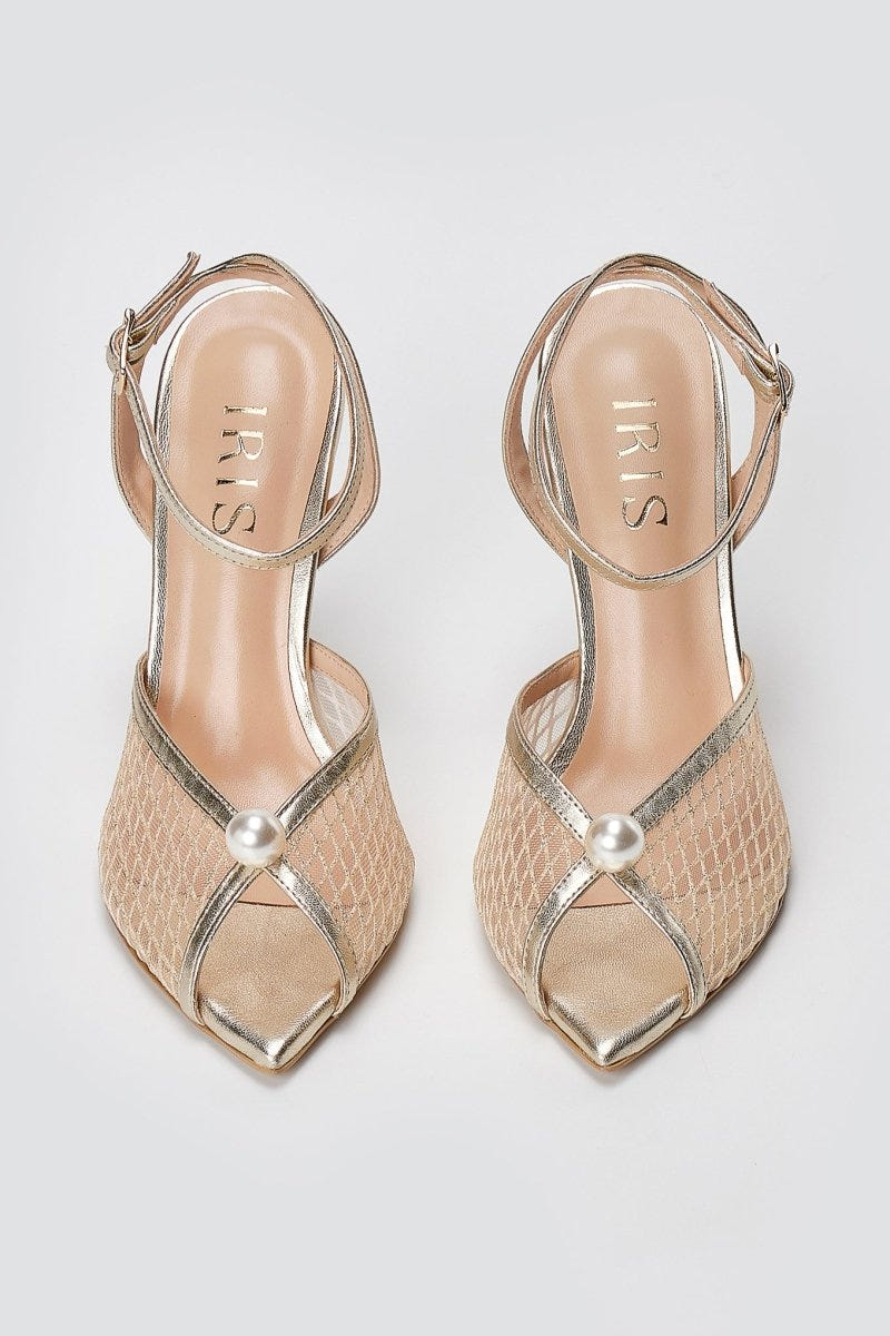 IRIS - Pearl Detail Sandals Slim Heel - Gold