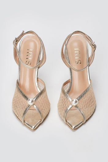 IRIS - Pearl Detail Sandals Slim Heel - Gold