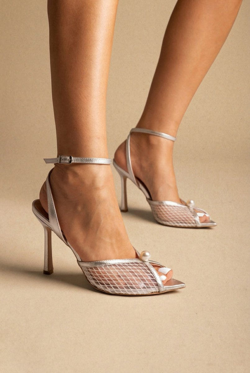 IRIS - Pearl Detail Sandals Slim Heel - Silver