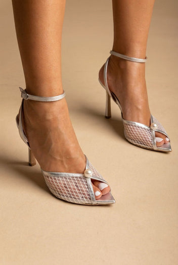 IRIS - Pearl Detail Sandals Slim Heel - Silver