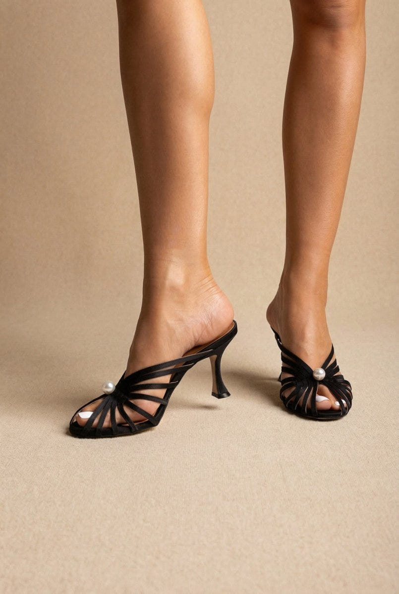 IRIS - Pearl Strap Mules Slim Heel - Black Satin