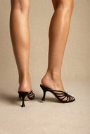IRIS - Pearl Strap Mules Slim Heel - Black Satin