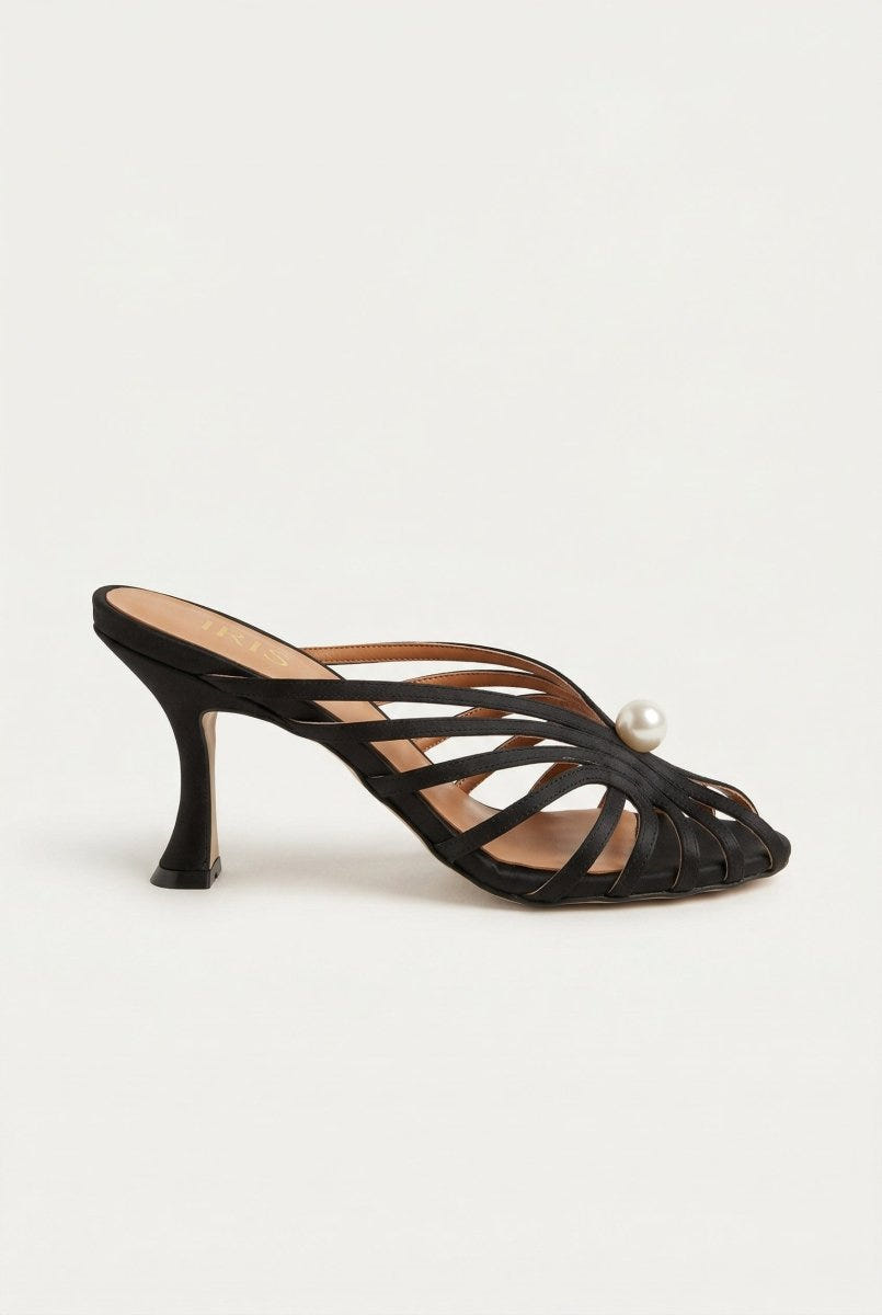 IRIS - Pearl Strap Mules Slim Heel - Black Satin