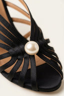IRIS - Pearl Strap Mules Slim Heel - Black Satin