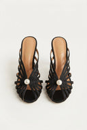 IRIS - Pearl Strap Mules Slim Heel - Black Satin