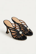 IRIS - Pearl Strap Mules Slim Heel - Black Satin