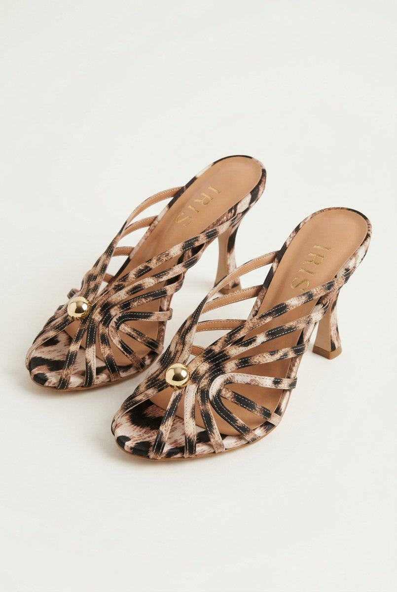 IRIS - Pearl Strap Mules Slim Heel - Leopard Satin