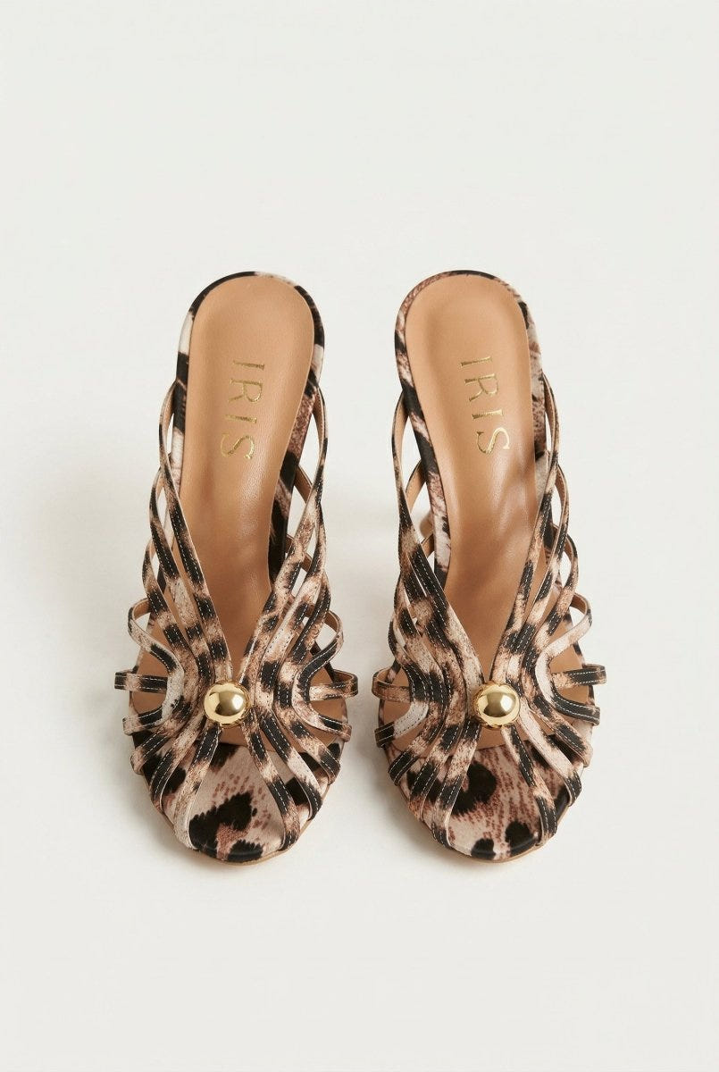 IRIS - Pearl Strap Mules Slim Heel - Leopard Satin