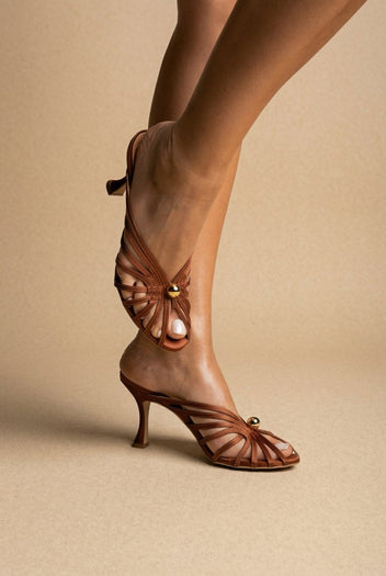 IRIS - Pearl Strap Mules Slim Heel - Terracotta Satin