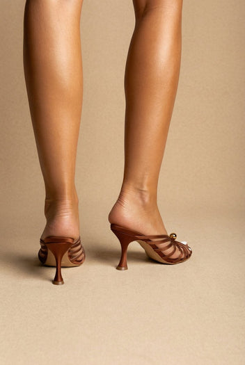 IRIS - Pearl Strap Mules Slim Heel - Terracotta Satin