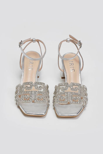 Πέδιλα δερμάτινα με στρας φάσα Iris sandals - Ασημί - thefashionproject.gr - IRIS