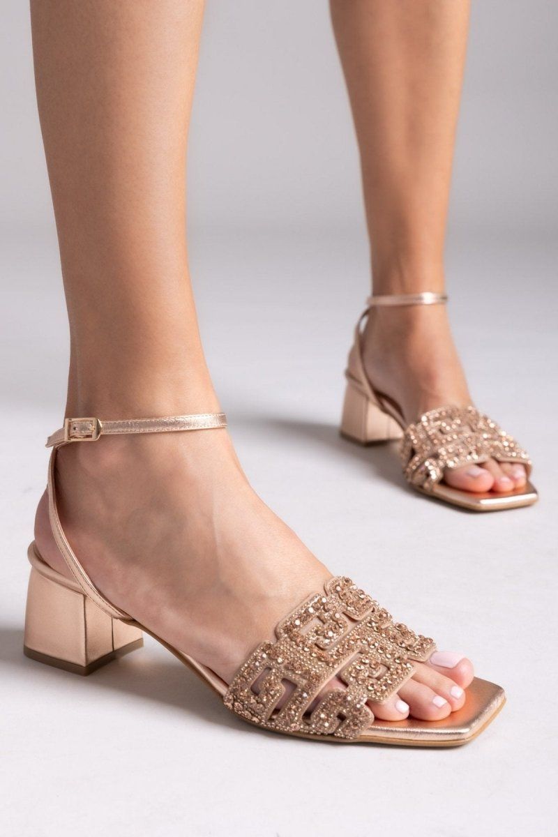 Πέδιλα δερμάτινα με στρας φάσα Iris sandals - Χαλκός - thefashionproject.gr - IRIS