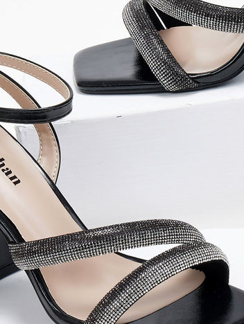 Πέδιλα με φαρδιές στρας φάσες - Μαύρο - thefashionproject.gr - Stephan