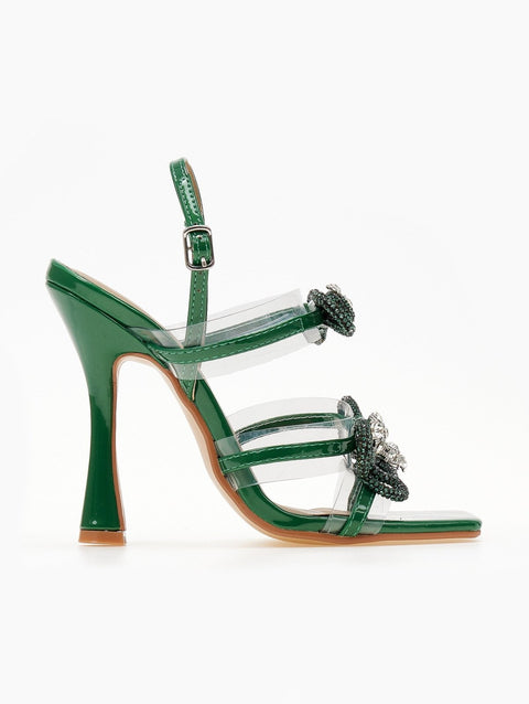 Transparent Sandals with Rhinestone Bows - Vivid Green