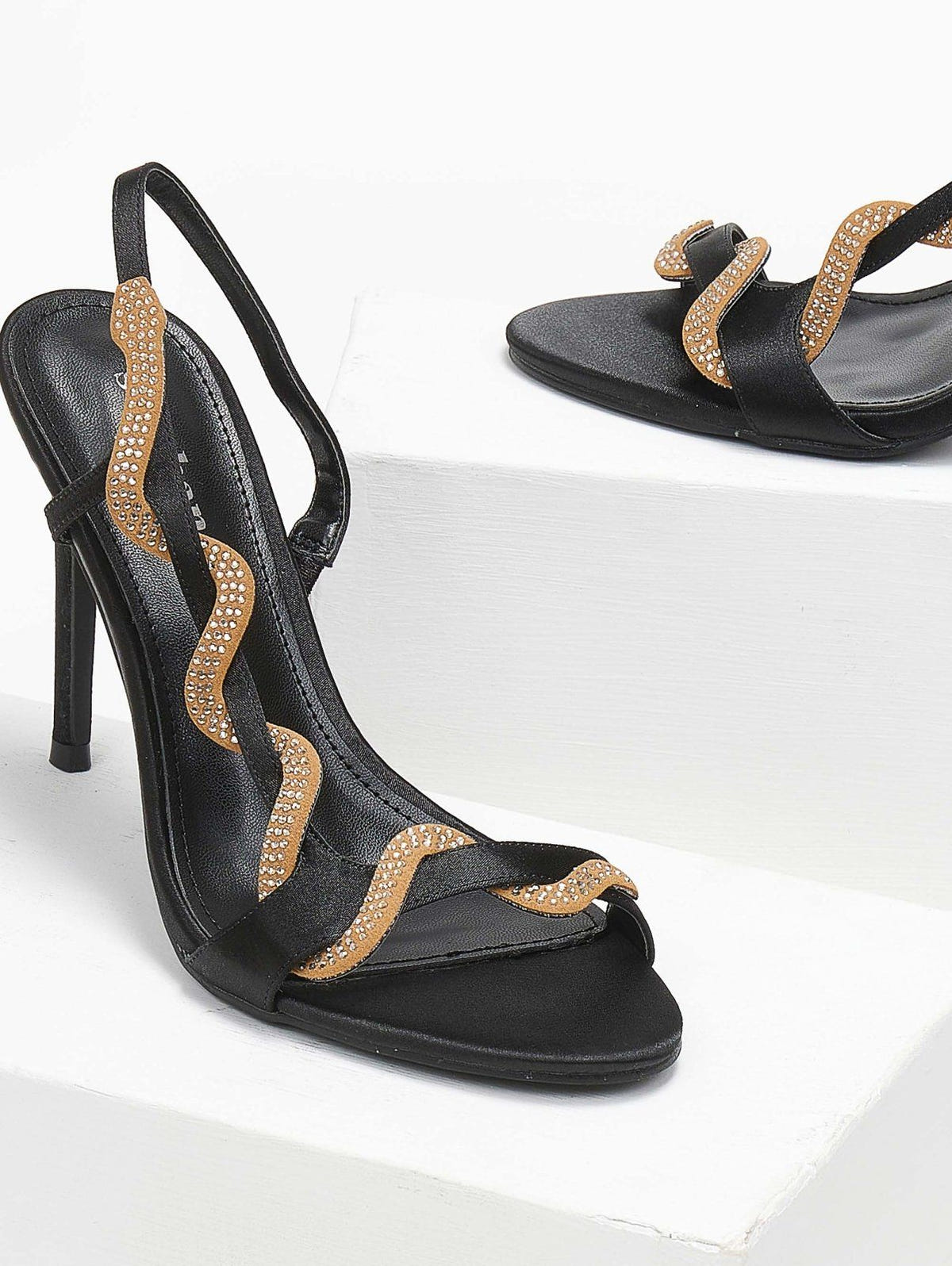 Πέδιλα με στρας λουράκι σατέν - Μαύρο - thefashionproject.gr - The Fashion Project