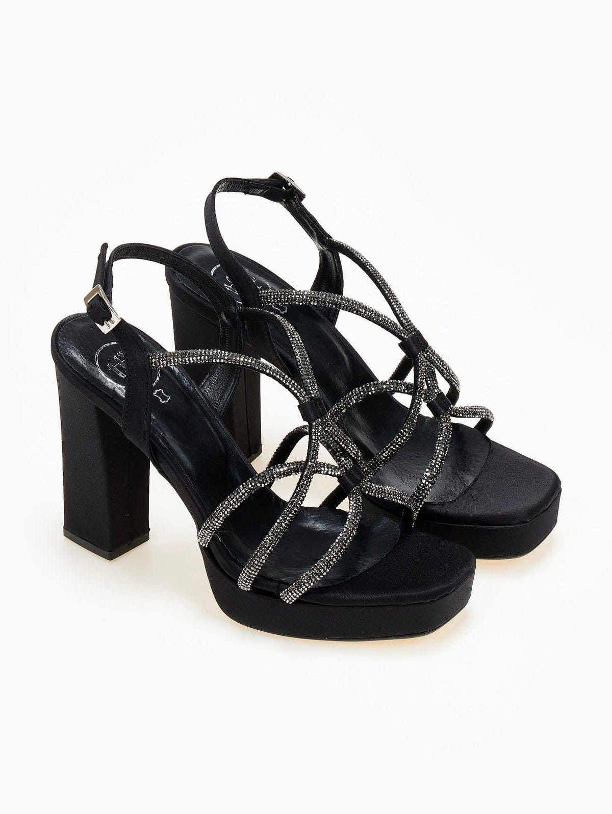 Πέδιλα σατέν με crossover στρας λουράκια TFP - Μαύρο - thefashionproject.gr - TFP