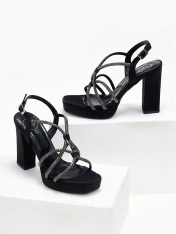 Πέδιλα σατέν με crossover στρας λουράκια TFP - Μαύρο - thefashionproject.gr - TFP