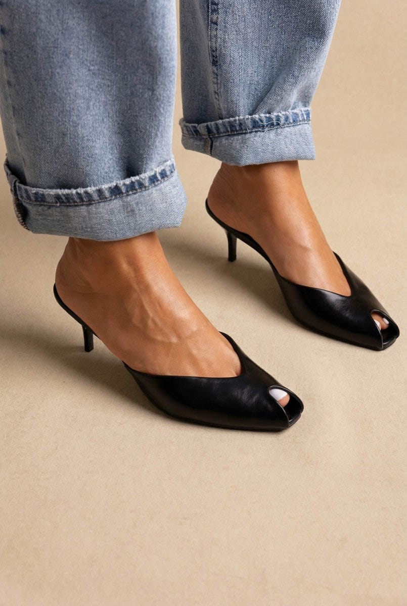 Stephan - Peep Toe Mules Kitten Heel - Black Matte