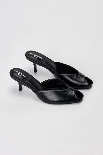 Stephan - Peep Toe Mules Kitten Heel - Black Matte