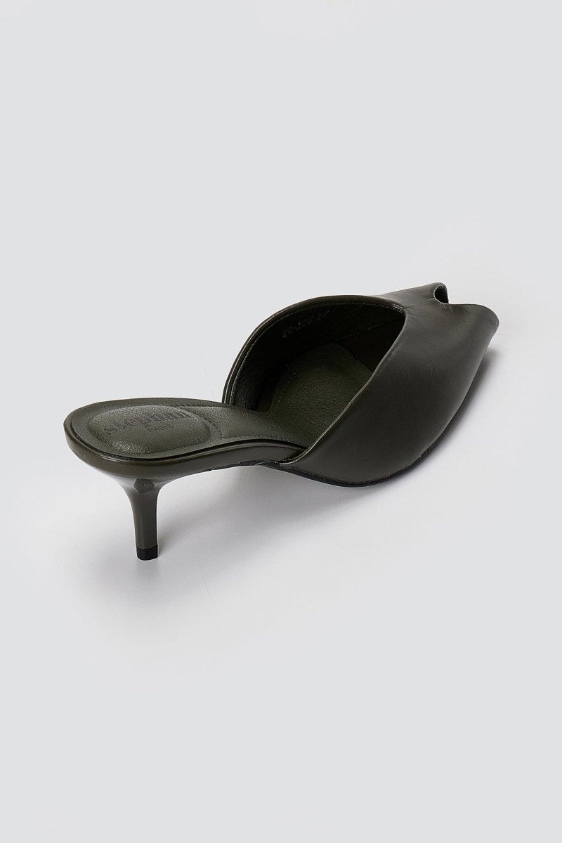 Stephan - Peep Toe Mules Kitten Heel - Olive Matte