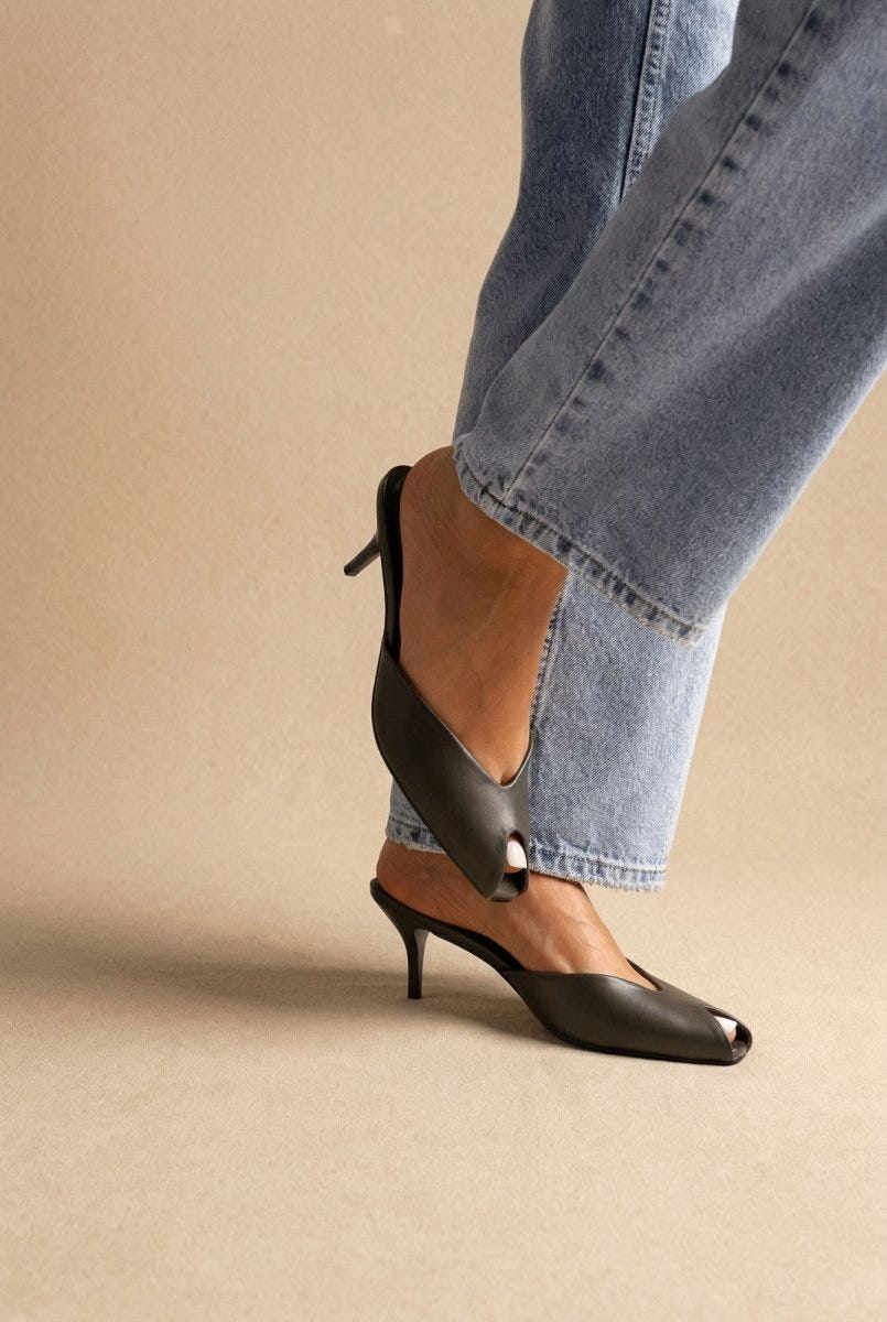 Stephan - Peep Toe Mules Kitten Heel - Olive Matte
