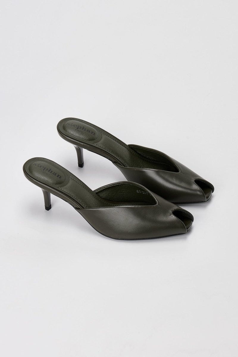 Stephan - Peep Toe Mules Kitten Heel - Olive Matte