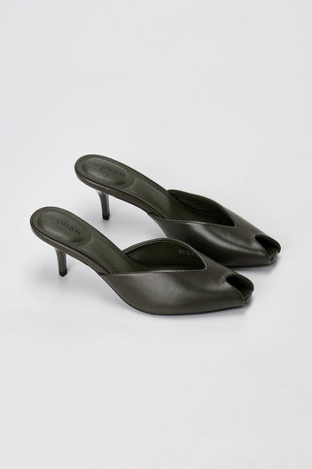 Stephan - Peep Toe Mules Kitten Heel - Olive Matte