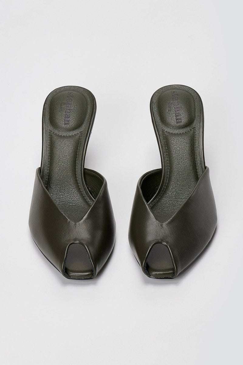 Stephan - Peep Toe Mules Kitten Heel - Olive Matte
