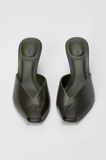 Stephan - Peep Toe Mules Kitten Heel - Olive Matte